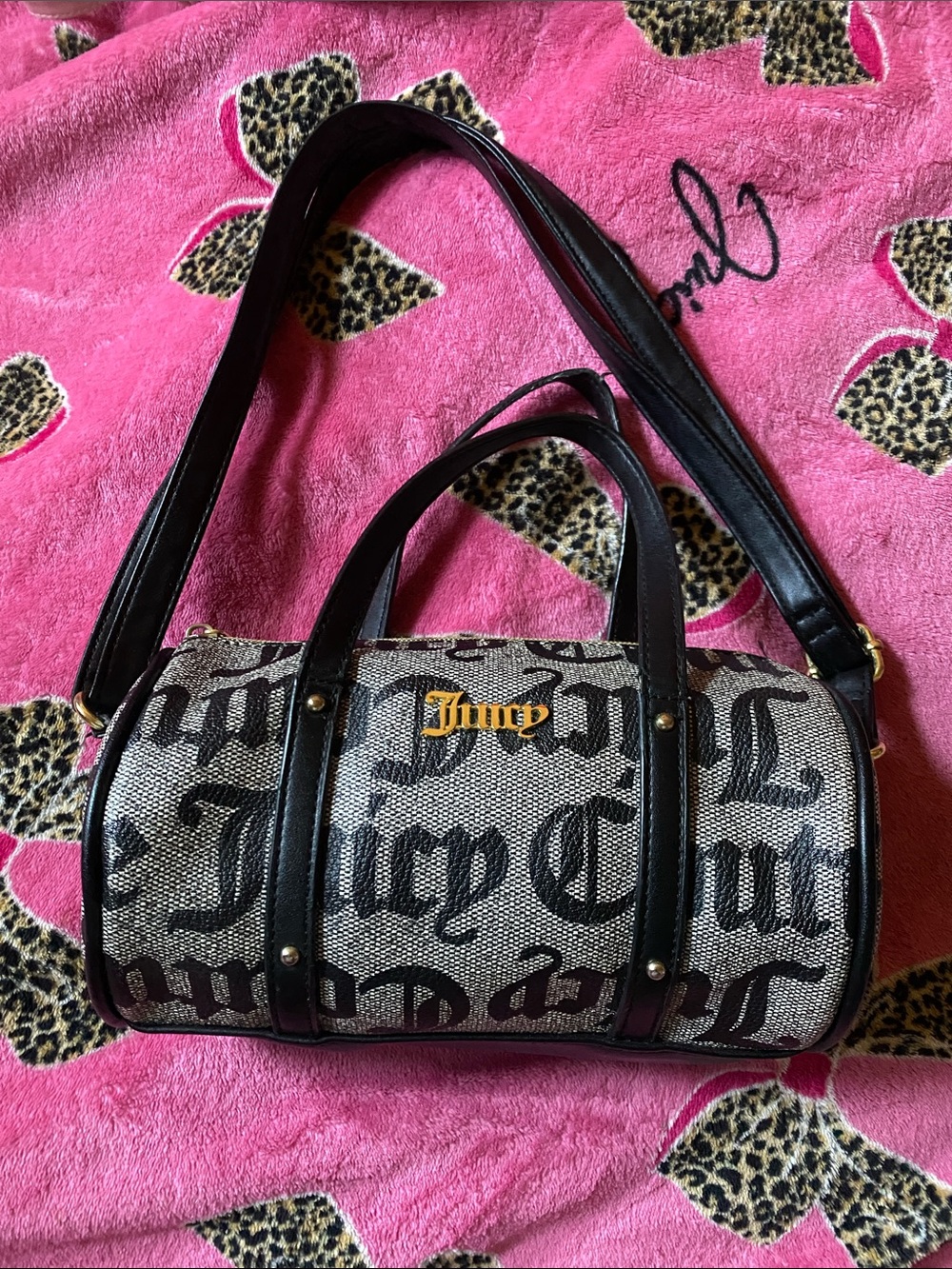 Juicy Couture Black & Cream Barrel Satchel with Gold Logo